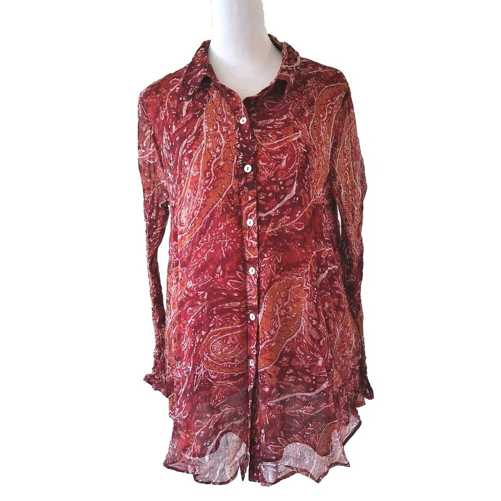 Soft Surroundings Crinkle Blouse Small Red Orange Paisley Button Front Shirt